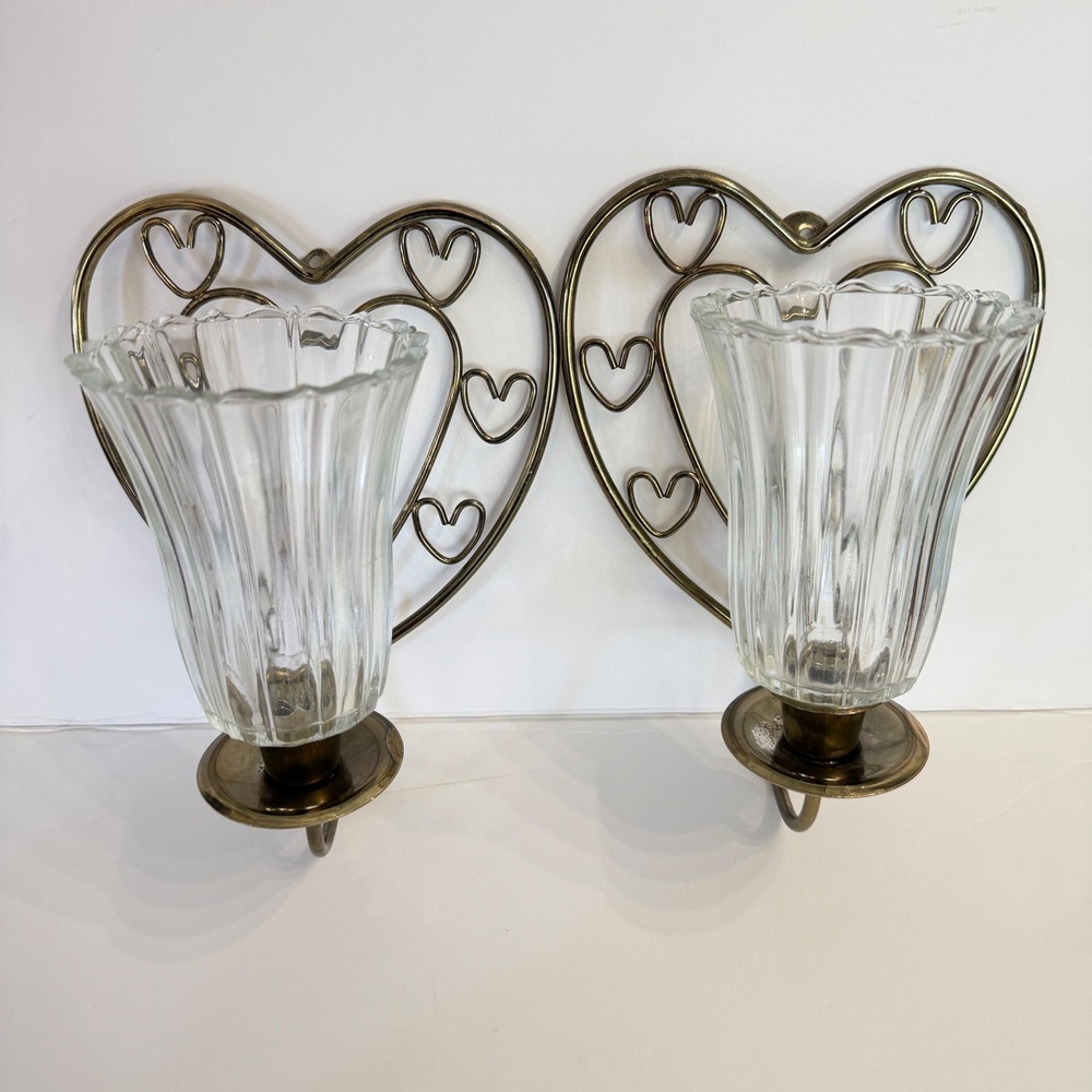 Set Vintage Gold Tone Heart Wall Sconces Candle Holder Home Interior Glass Shade